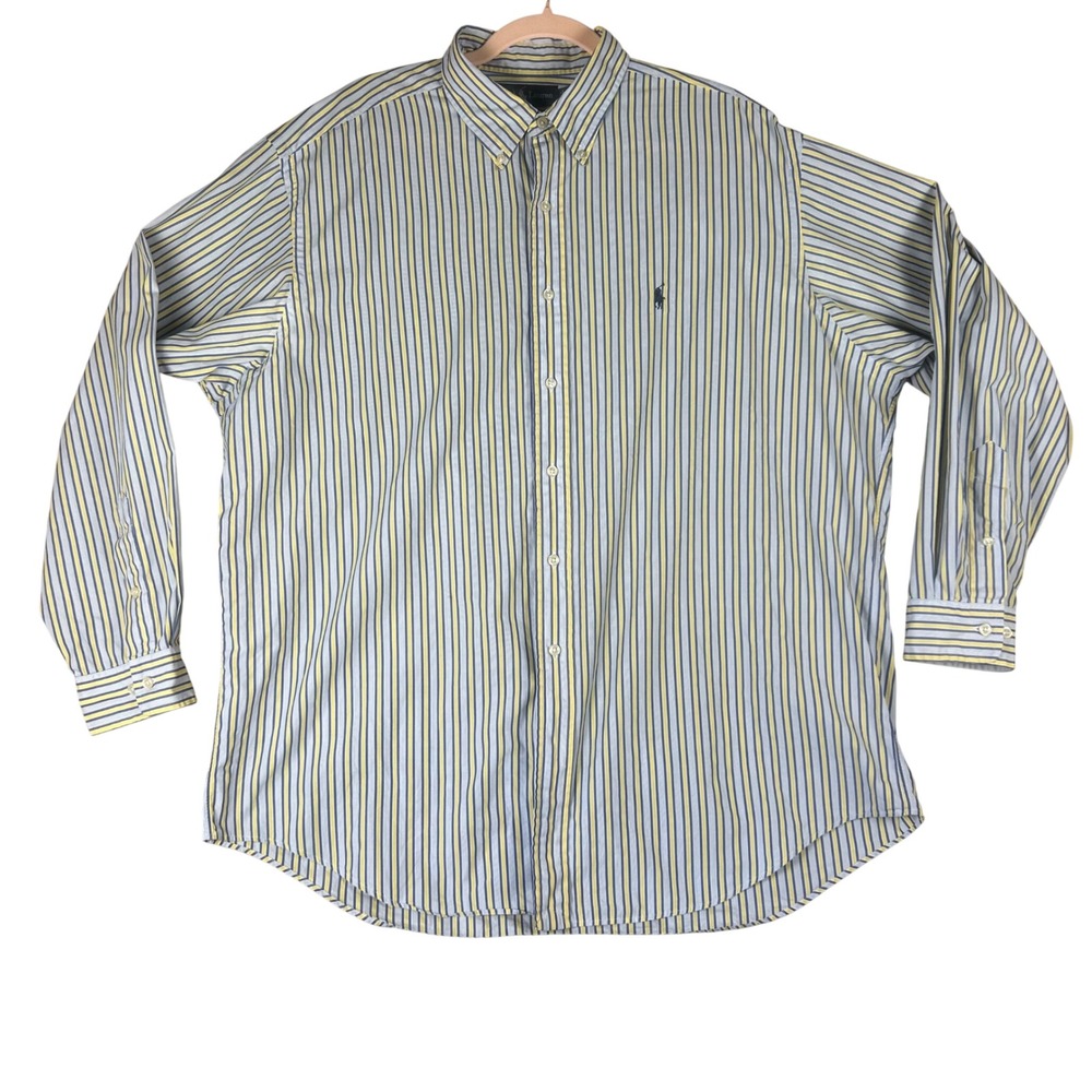 VTG Ralph Lauren Yarmouth Men 17.5 34/35 Blue Yellow Striped‎ Cotton Button Down